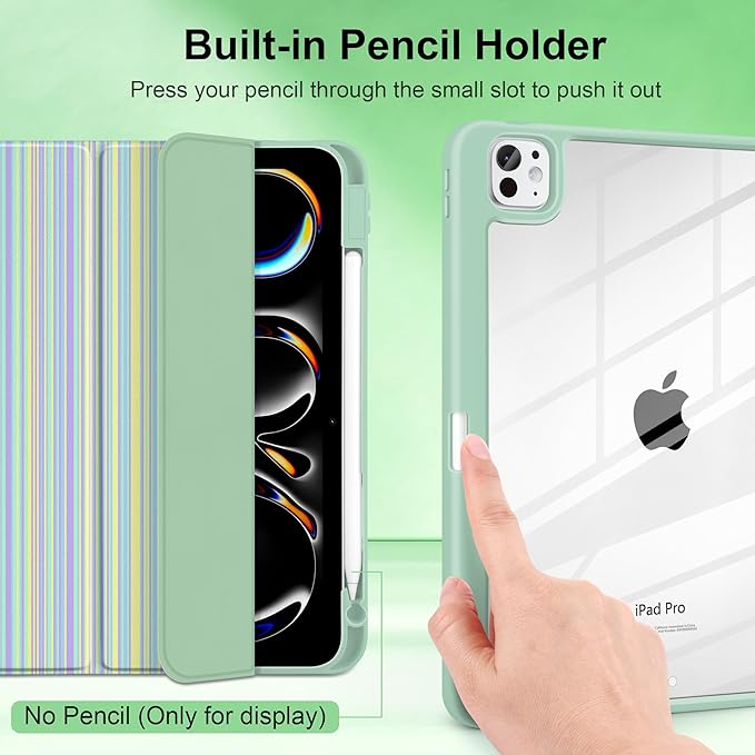 Case for iPad Pro 11 inch (M5) 2025 (M4) 2024 Release with Pencil Holder - Aesthetic Cute Design Trifold Cover with Soft TPU Bumper Clear Back Auto Sleep/Wake for Girls Women, Lines Green