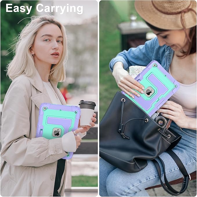 Kids Friendly Case for Apple iPad 10.2" 9th 8th 7th Generation 2021/2020/2019 Case with Pencil Holder & Shoulder Strap, Military Grade Shockproof Kickstand Hard Shell Protective Cover,Purple+Mint