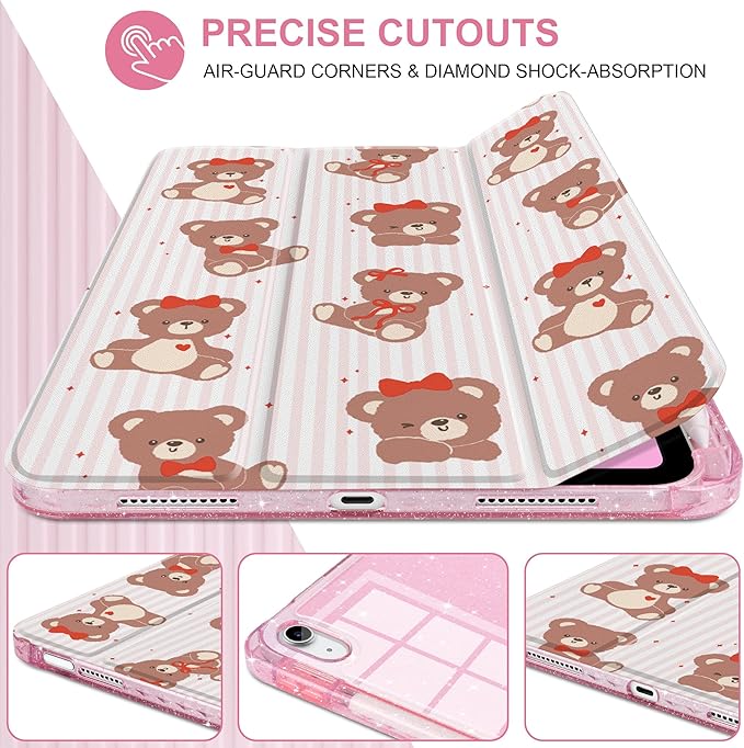 DONGKE for iPad Pro 11 inch Case – Fits M5 2025 / M4 2024, Shockproof Sparkling Glitter Acrylic Back, Pencil Holder, Trifold Stand, Auto Sleep/Wake & Touch ID Support - Lovely Bears