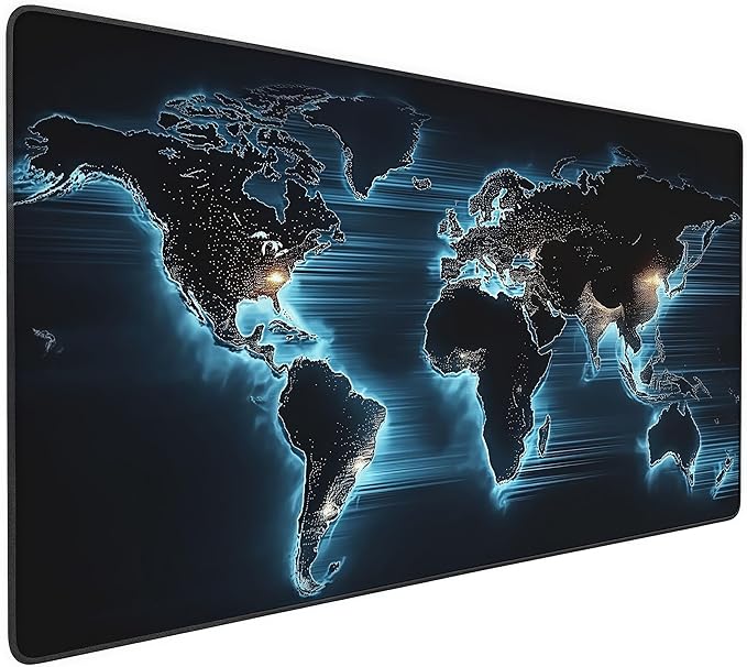 Large World Map Mouse Pad, Blue Glow in The Dark Design, Rubber Base, 35.4 x 15.7 Inches, Rectangular Desk Mat for Gaming and Office