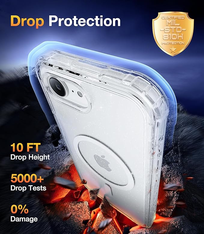 Diaclara Magnetic Designed for iPhone 16e Case, Full Body Rugged Case with Built-in Touch Sensitive Anti-Scratch Screen Protector, Soft TPU Bumper Waterproof Case (Clear Glitter)
