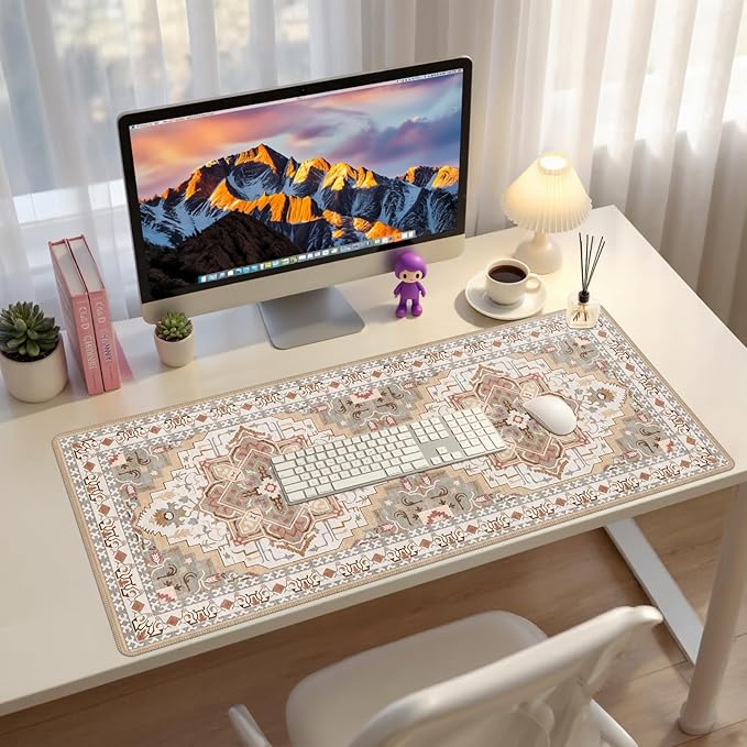 Baziabbo Cute Desk Mat,XXL Extended Large Mouse Pad,Gaming Mousepad with Stitched Edge,Non-Slip Rubber Base Keyboard Desk Pad for Home Office Study Game (Khaki)
