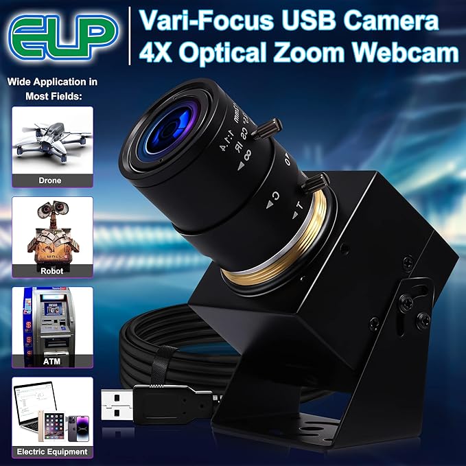 ELP 4K USB Camera with Microphone Manual Zoom Webcam 2.8-12mm Variable Focus PC Webcamera Mini UVC USB2.0 IMX317 USB Security_Camera 8mp Industrial Close-up Web_Cameras for Computer Raspberry Pi