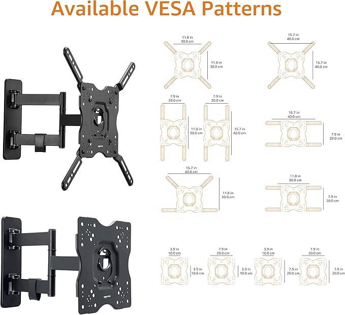 Amazon Basics Full Motion Articulating TV Wall Mount, with Swivel and Tilt, for 26" to 55" TVs and Flat Panels up to 80 Lbs, VESA Compatible, Single Stud, Black
