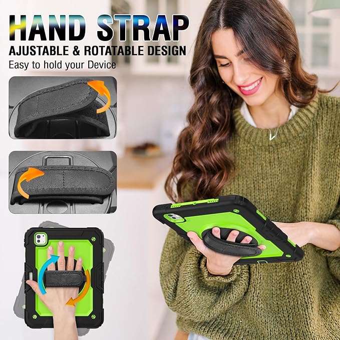 iPad Pro 11 Case 2024 Model A2836/A2837/A3006 with Screen Protector | Shockproof Rugged Protective Case W/Stand Hand Strap Shoulder Strap Support Apple Pencil Pro Charging | Green