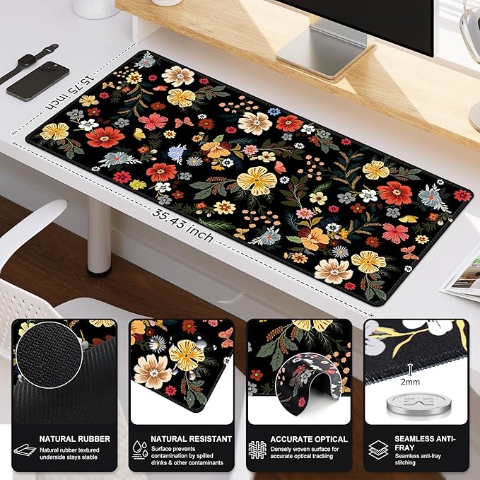 iCasso Desk Matt for Desktop, Cute Desk Pad Mat, XXL Large Mouse Pad, Anti-Slip Big Mousepad with Stitched Edges, Keyboard Pad Mouse Mat for Computer, Work, Gaming (Floral)