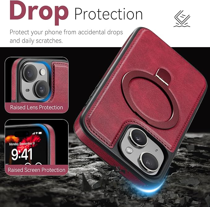 for iPhone 15 Plus Case with Stand, Compatible with MagSafe, Slim PU Leather & Durable TPU Protective Magnetic Kickstand Cover Drop-Proof with Tempered Glass Screen Protector 6.7", Red