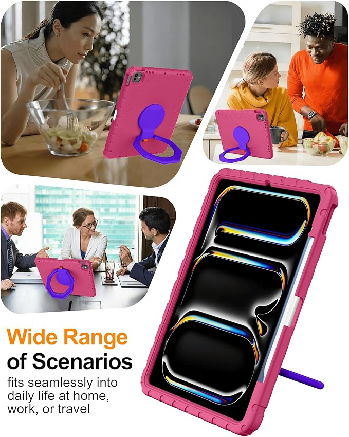 for iPad Air 13 Inch Case (M4 2026 / M3 2025 / M2 2024), Heavy Duty EVA Protective Cover with Magnetic Charging Pencil Holder, 360° Rotating Stand, for Kids, Work & Travel, Rose Red