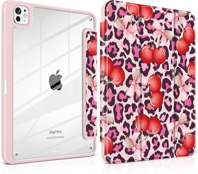 Case for iPad Pro 13 inch (M5) 2025 (M4) 2024 Release with Pencil Holder - Aesthetic Cute Design Trifold Cover with Soft TPU Bumper Clear Back Auto Sleep/Wake for Girls Women, Leopard Print
