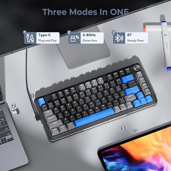 Redragon K681 Wireless Mechanical Keyboard, Gasket Mounted RGB Gaming Keyboard with Volume Knob, MDA-Profile, Pre-Lubed Linear Switches, 81 Keys 75％ Tri-Mode Hot Swappable for PC/Xbox/Ps4/5 (Blue)