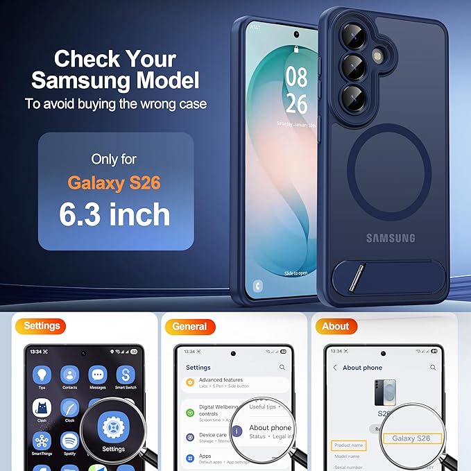 Magnetic for Samsung Galaxy S26 Case, [Compatible with MagSafe][Full Camera Protection][Built-in Invisible Kickstand] Translucent Matte Phone Case for S26 6.3" - Blue