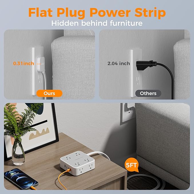 TESSAN Surge Protector Power Strip, 5 Ft Flat Plug Extension Cord with 4 USB (3 USB C) 8 Outlets, 1250W, 900J Protection, 3 Sided Outlet Extender with Power Switch for Office, Dorm Room, Grey