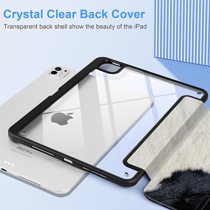 TWOLSKOO Case for iPad Pro 11-inch (M5 2025 / M4 2024), Clear Acrylic Back with TPU Bumper, Pencil Holder, Trifold Stand, Auto Sleep/Wake, Cow Print