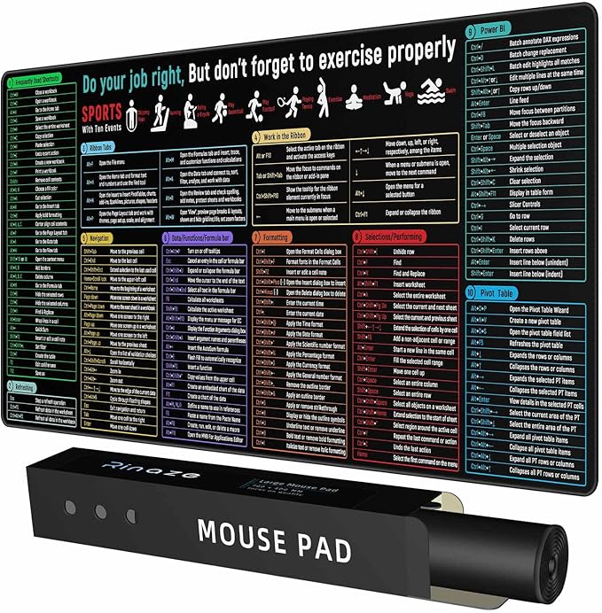 Rinaze Large Mouse Pad With Excel Shortcuts Cheat Sheet, Excel Tips Desk Mat, XXL Gaming Mousepad Keyboard Pad, Office Accessories for Computer, Mac, PC and Laptop