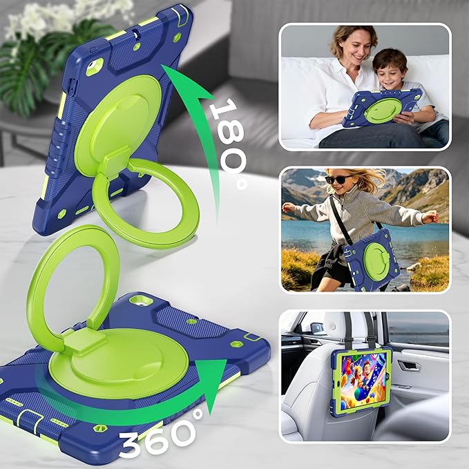 Andnary Case for iPad 6th/5th Generation 9.7 inch 2018/2017 Case, iPad Air 2/Pro 9.7 inch Heavy Duty Protective Cover with 360° Rotate Handle Stand, Pencil Holder, Shoulder Strap (Navy+Green)