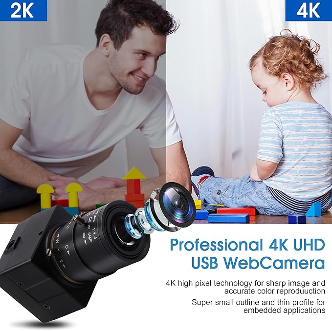 4K USB Camera 2.8-12mm 4X Varifocal Manual Lens 2160P Ultra HD USB Camera UVC Compliant Close-up Webcam Support OpenCV USB Computer Webcam for Conference Calling Live Streaming