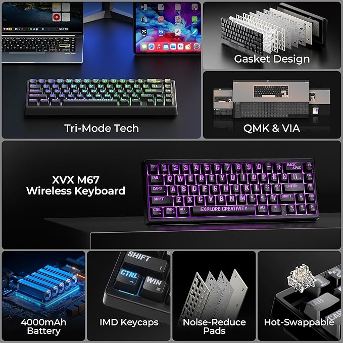x XVX M67 Wireless 60% Percent Keyboard, QMK/VIA Topographic Gaming Keyboard, Tri-Mode Thocky Creamy Mechanical Key board, Hot Swappable Gasket Mount RGB IMD Tech for Win/Mac, Miami Theme, Black