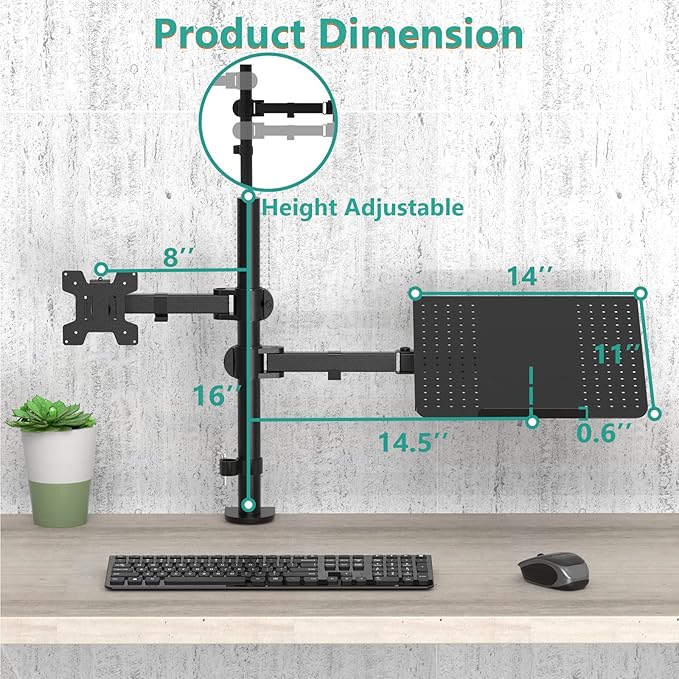 WALI Dual Arm Laptop and Monitor Desk Mount for 17" Notebook and Up to 27" Screen, Fully Adjustable Monitor Arm with Laptop Tray, VESA 75x75 100x100, Holds up to 22 lbs, Black (M001LP)
