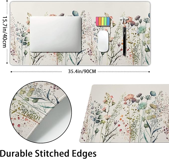 Cute Wild Flowers Mouse Pad XXL Boho Aesthetic Floral Chic Plant Extended Table Mat 90X40 cm Non-Slip Rubber Base Stitched Edge Large Mousepad for Gaming Laptop Computer Desk Top 35.4×15.7 Inch