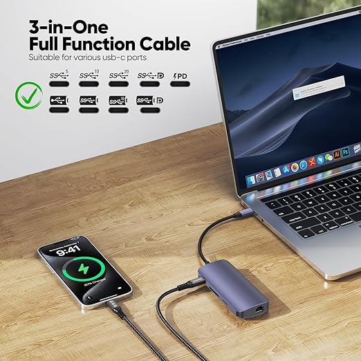 USB C Monitor Cable 6Ft, 4K@60Hz Video Display/20Gbps Data Transfer/100W Fast Charging USB Type C Power Cord USBC 3.2 Gen 2 Full Function for Monitor Laptop Docking Station External SSD