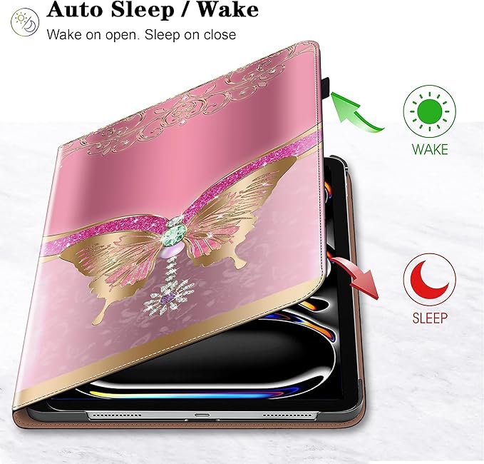 Case for iPad Pro 11 inch Case (M5/M4) 2025/2024, Premium Leather Folio Stand Cover with Auto Wake/Sleep, Pencil Holder and Card Slots - Pink Butterfly