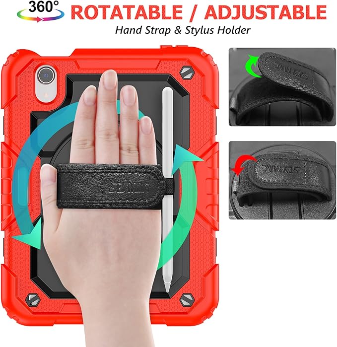 SEYMAC stock Case for iPad mini 7 (A17 Pro) 2024/ Mini 6 8.3'' with Screen Protector Pencil Holder [360 Rotating Hand Strap] &Stand, Drop-Proof Case for iPad mini 7th/6th Generation 8.3", Black+Red