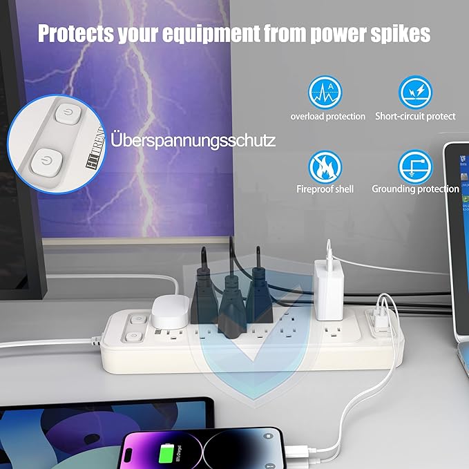 HITRENDS 12-Outlet Surge Protector Power Strip with 2 USB A + 2 USB C, 6FT Flat Plug Extension Cord, Dual Switches, Wide Spacing, 1250W/10A Multi Plug Outlet for Home Office Dormitory, White