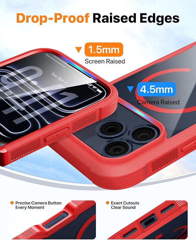 Diaclara Magnetic Designed for iPhone 17 Pro Max Case Full Body Bumper,[Compatible with MagSafe] Military Drop Proof Cover with Built-in Touch Sensitive Anti-Scratch Screen Protector,Red