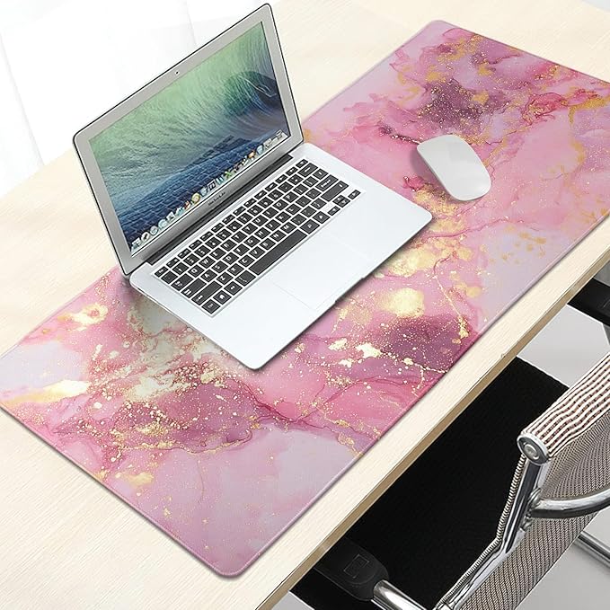 Gold Pink Marble Mouse Pad Extended Large 31.5x11.8in Coquette Kawaii Desk Mat Preppy Trendy Computer Mousepad XL Non-Slip Rubber Base Stitched Edge Rose Gold Mousepad PC Desk Pad for Work Desktop