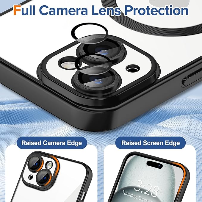 Hython Magnetic Clear for iPhone 15 Case with Camera Lens Protector [Compatible with MagSafe] Luxury Plating Edge Slim Soft TPU Cover Protective Phone Case for iPhone 15 6.1", Matte Black
