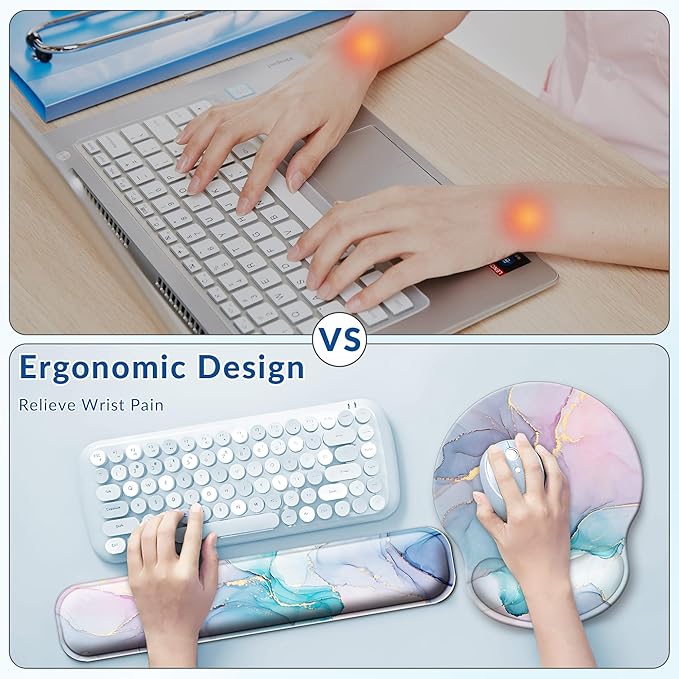 Desk Mat Set + Keyboard and Mouse Pad with Wrist Rest Support,4-in-1 Large Mousepad Computer Mats for Desktop Home & Office-Golden Blue Marble