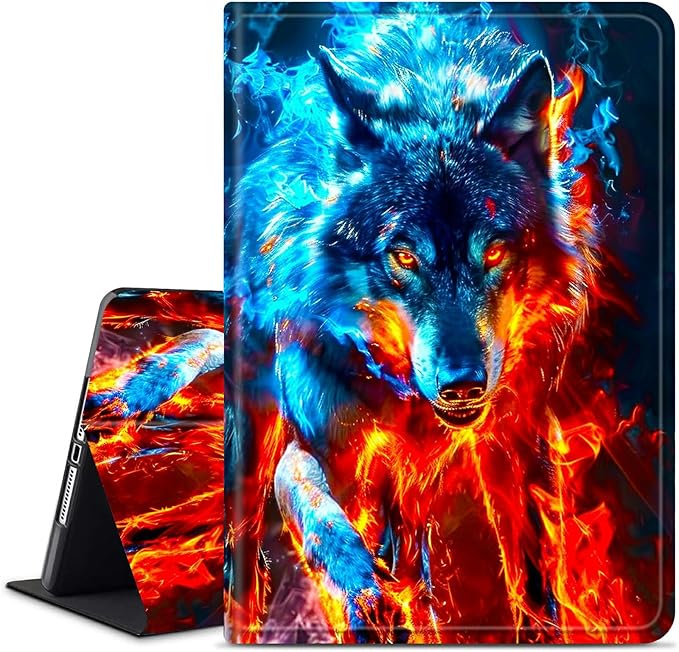 for Amazon Kindle Fire HD 8 & HD 8 Plus(12th/10th Generation, 2024/2022/2020 Release) 8" Tablet Case, Slim Kickstand Stand Leather Smart Cover with Auto Wake/Sleep, Red Blue Flaming Wolf