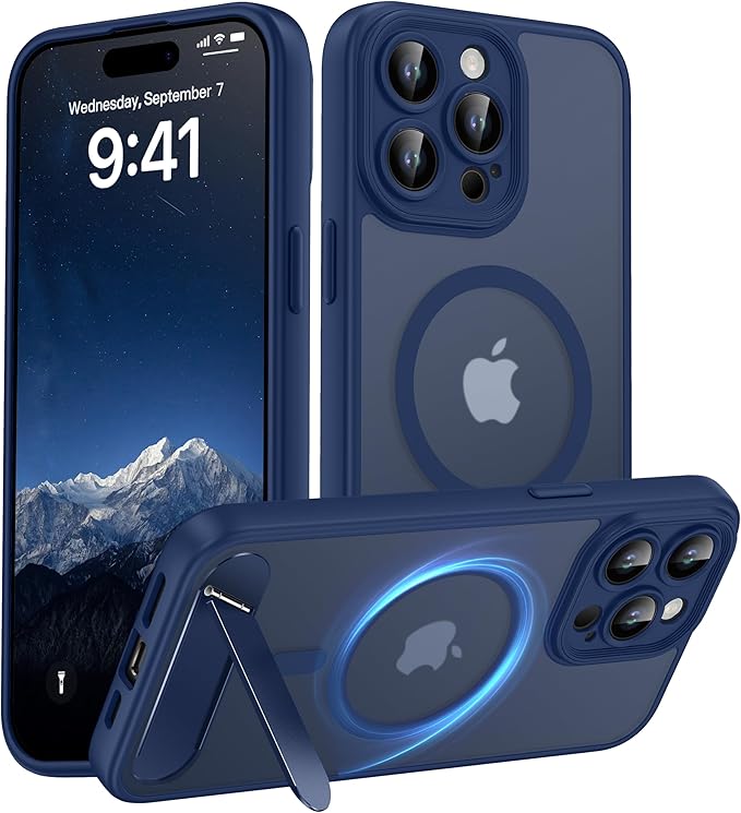 Magnetic Compatible with iPhone 15 Pro Max Case, [Built-in Kickstand][Full Camera Protection][Compatible with MagSafe][Anti-Fingerprint] Shockproof Phone Case for iPhone 15 Pro Max 6.7",Blue