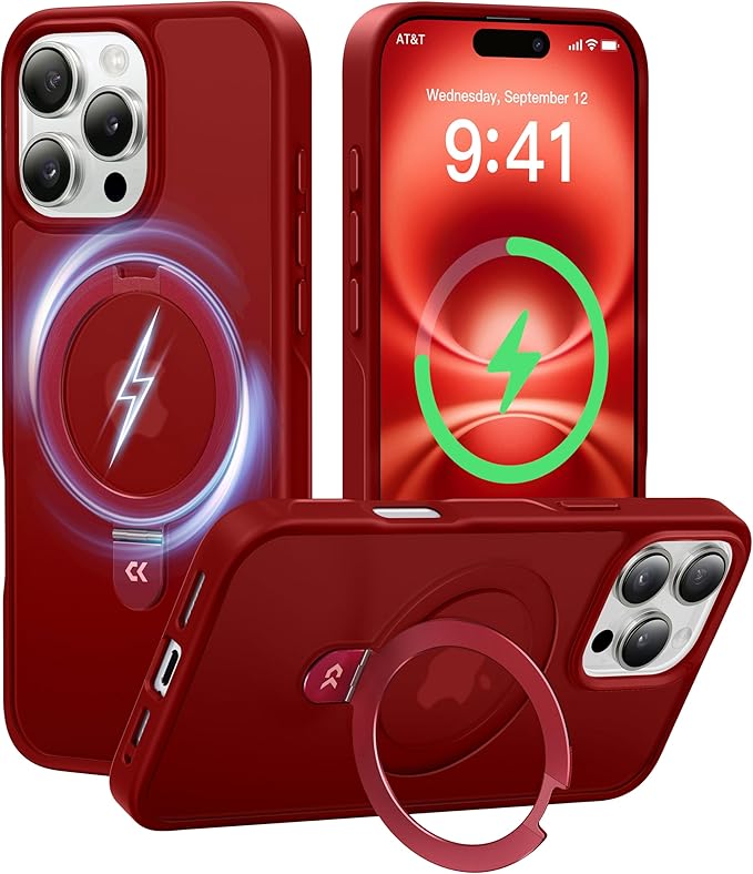 CASEKOO Ultra-Magnetic Stand for iPhone 16 Pro Case [Military Drop Protection] [Compatible with MagSafe] Shockproof Translucent Matte Slim Ring Holder Case for iPhone 16 Pro 6.3", Red