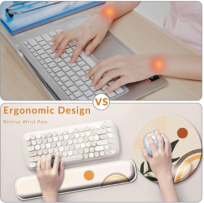 Desk Mat Set + Keyboard and Mouse Pad with Wrist Rest Support,4-in-1 Large Mousepad Computer Mats for Desktop Home & Office-Boho Leaves