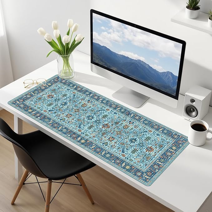 Baziabbo Blue Cute Desk Mat,XXL Extended Large Mouse Pad,Gaming Mousepad with Stitched Edge,Non-Slip Rubber Base Keyboard Desk Pad for Home Office Study Game (Blue-A)