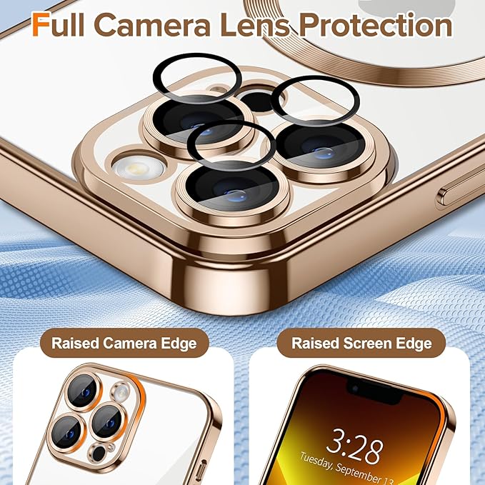 Hython Magnetic Clear for iPhone 13 Pro Max Case with Camera Lens Protector [Compatible with MagSafe] Plating Edge Slim Soft TPU Cover Protective Phone Case for iPhone 13 Pro Max 6.7", Desert Brown