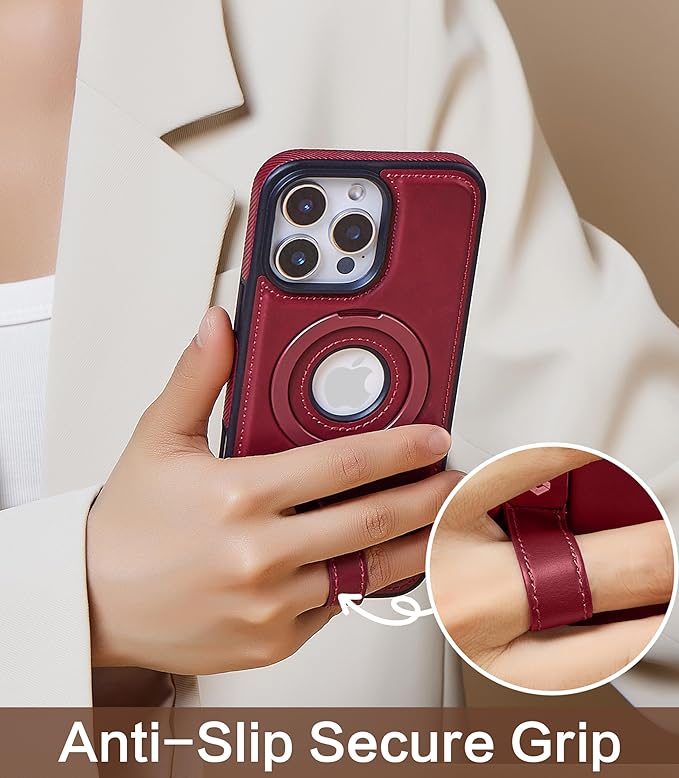 Butaiga for iPhone 14 Pro Leather Case with Stand, Anti-Slip Grip Ring, Fits for MagSafe (Burgundy, iPhone 14 Pro)