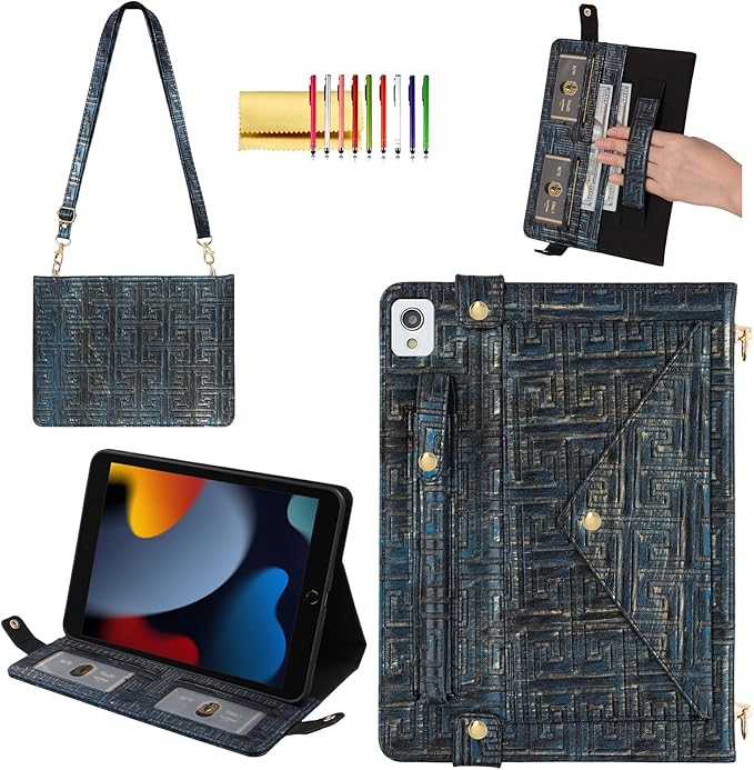 Handbag Case for iPad 9th 8th 7th Gen 10.2"/iPad Pro 10.5/iPad Air 3 2019 - Techcircle Vintage Pattern Crossbody Folio Stand Wallet Case with Pencil/Card Holder, Hand Grip/Shoulder Strap, Retro Navy