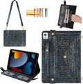Handbag Case for iPad 9th 8th 7th Gen 10.2"/iPad Pro 10.5/iPad Air 3 2019 - Techcircle Vintage Pattern Crossbody Folio Stand Wallet Case with Pencil/Card Holder, Hand Grip/Shoulder Strap, Retro Navy