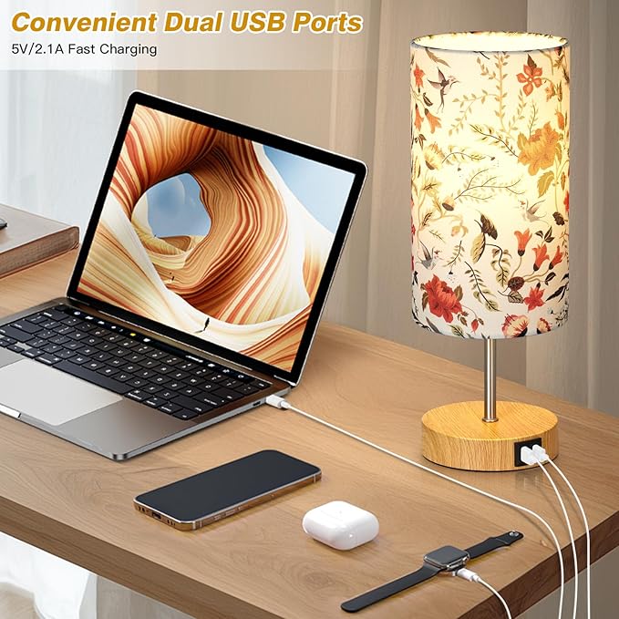 CINSARY Bedside Touch Lamp with Flower Fabric Shade, 3 Way Dimmable Wood Bedroom Lamp for Nightstand with 2 USB Charging Ports, Small Table Lamp for Living Room Reading Desk (LED Bulb Included)