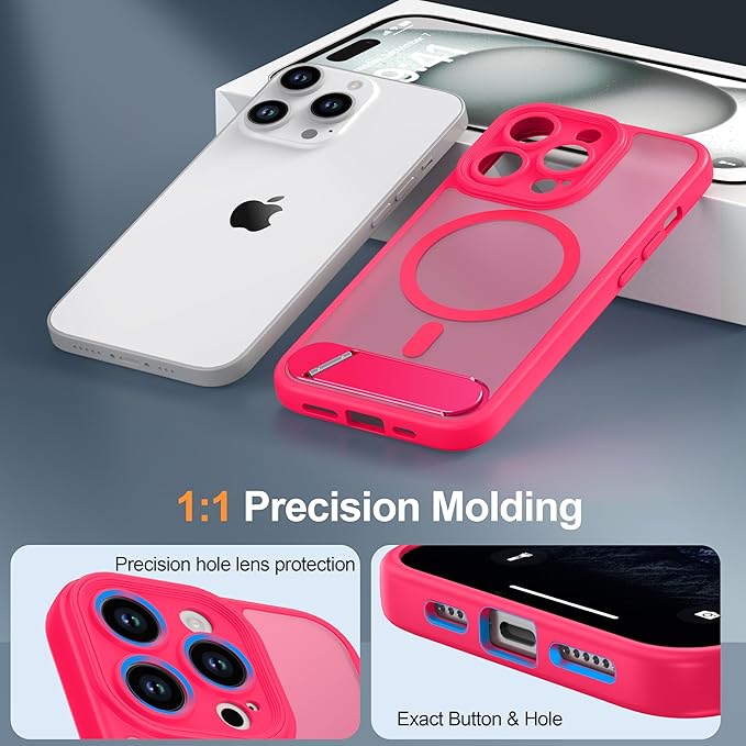Magnetic Compatible with iPhone 13 Pro Case, [Built-in Kickstand][Full Camera Protection][Compatible with MagSafe][Anti-Fingerprint] Shockproof Phone Case for iPhone 13 Pro 6.1",Hot Pink