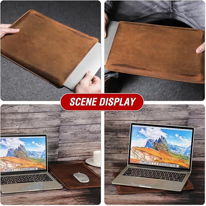 Top Grain Leather 13.3" Slim Laptop Sleeve Case, Solid Minimalist Vintage Design, Handmade, Compatible with MacBook Pro 13.3" MacBook Air M1/M2 DELL XPS 13" & Other PC, Brown 13.3 Inch