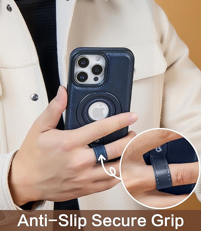 Butaiga for iPhone 13 Pro Leather Case with Stand, Anti-Slip Grip Ring, Fits for MagSafe (Blue, iPhone 13 Pro)