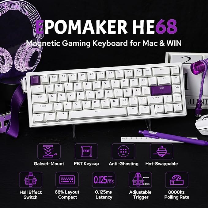 EPOMAKER HE68 Hall Effect Keyboard, 8000hz Polling, 0.01mm Adjustable Trigger, 0.125ms Latency, Creamy Gasket, Snap Key, SOCD, RGB, Wired Magnetic Gaming Keyboard for Mac/PC (White)