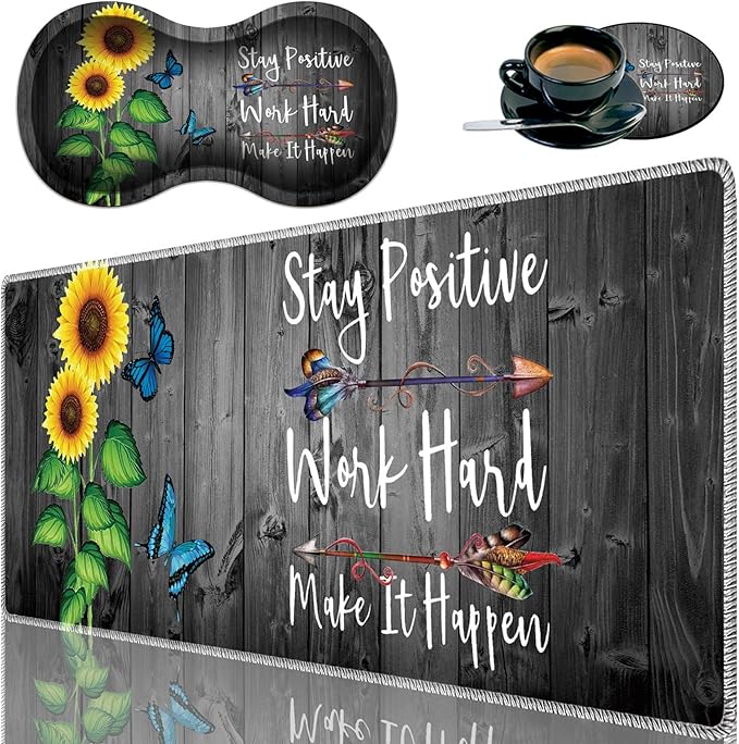 Durable Desk Mat + Wrist Rest Pad + Coasters Set, Large Gaming Office Mouse Pad 31.5 "x 11.8", Extended Non-Slip Rubber Keyboard Pad, Laptop & Home, Sunflower Inspirational Quote
