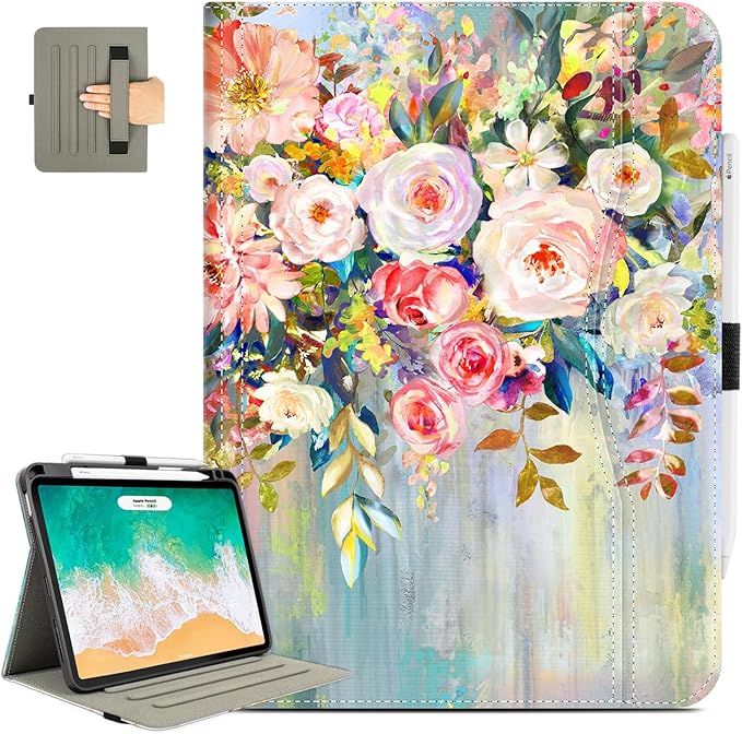 for iPad Air 11 Inch Case M4/M3/M2 2026/2025/2024, Flower for iPad Pro 11 Inch Case 4Th/3Rd/2Nd/1St Generation, for iPad Air 5Th/4Th Gen Cases 10.9 Inch Pencil Holder/Pocket/Hand Strap, Floral
