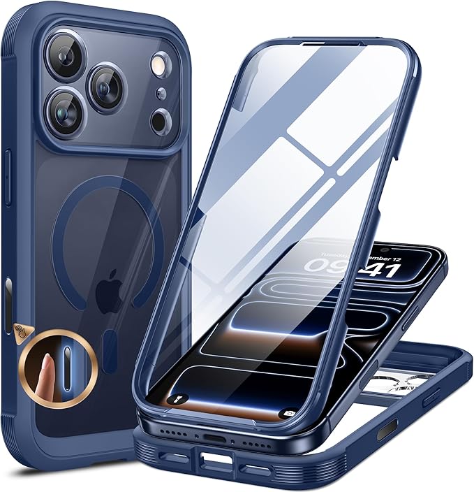 Miracase Magnetic for iPhone 17 Pro Case 6.3" [Compatible with MagSafe] Full-Body Phone Case with Built-in Glass Screen Protector & Camera Control,Drop Proof iPhone 17 Pro Cover, Dark Blue