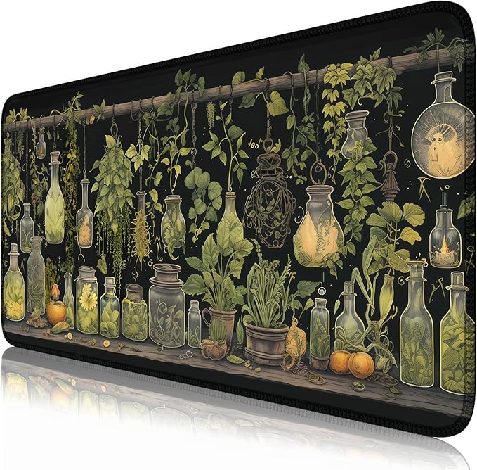 Witchy Botanical Green Plants Desk Mat Mouse Pad Large Gaming Mouse Pad Mystical Dark Cottagecore Mousepad Computer Laptop Keyboard and Mouse Mat, Desktop Protector Mat