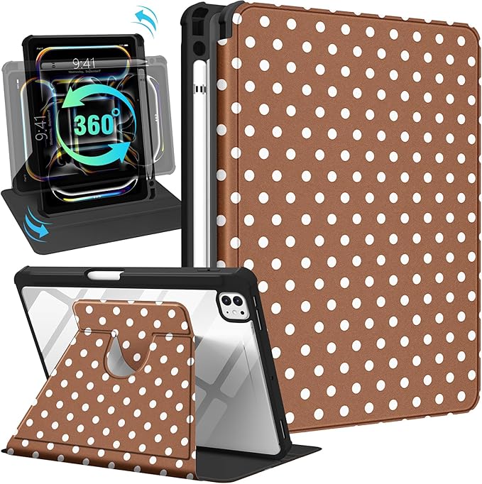 Uppuppy for iPad Pro M4/M5 Case 13 inch - 360 Degree Rotating Stand Folio Smart Cover with Pencil Holder for Women Girls, Brown Polka for iPad Pro 13 inch Case 2024 M4/2025 M5